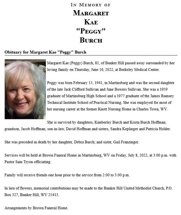 Margaret Kae Burch Nee Sullivan